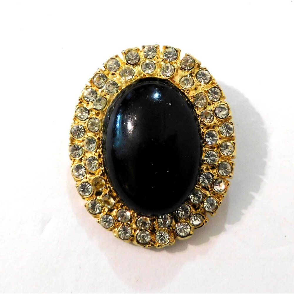 Vintage Gold Brooch Black Enamel Crystal Rhinestones Oval 1.75 x 1.5 Inches